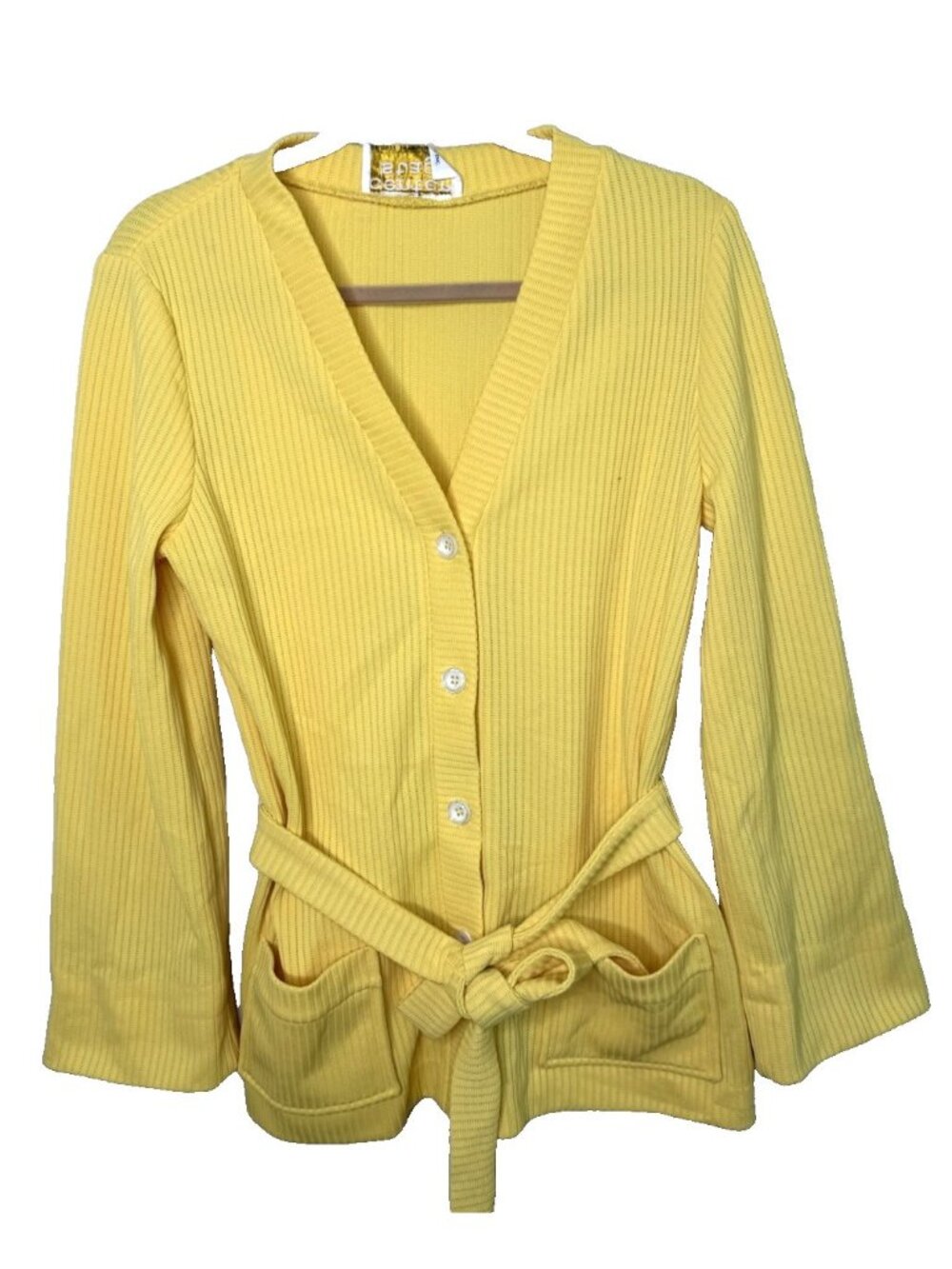 Vintage 70s Cardigan Sweater Yellow Ribbed Belt Wrap Disco Hippy